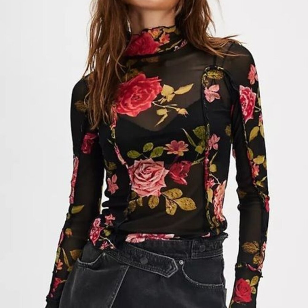 Free People Charlie Mesh Floral Print Top Sz XS